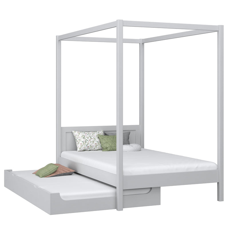 Bed met hemelbed en matraslade van hout grijs – scandi kinderkamer