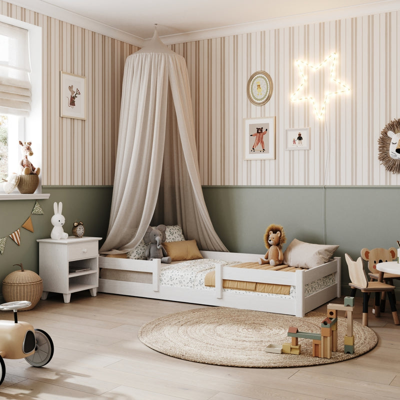 Laag bed houten wit – slaapkamer, massief hout, scandinavische stijl Nizio