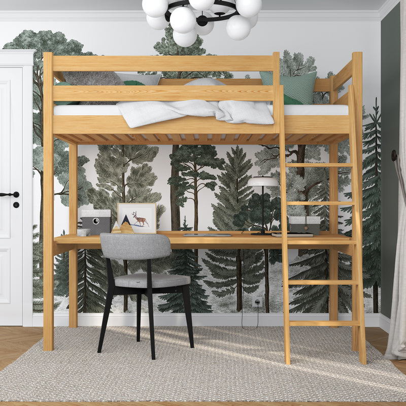 Hoogslaperbed met bureau houten naturel grenen – kinderkamer, scandi Nizio