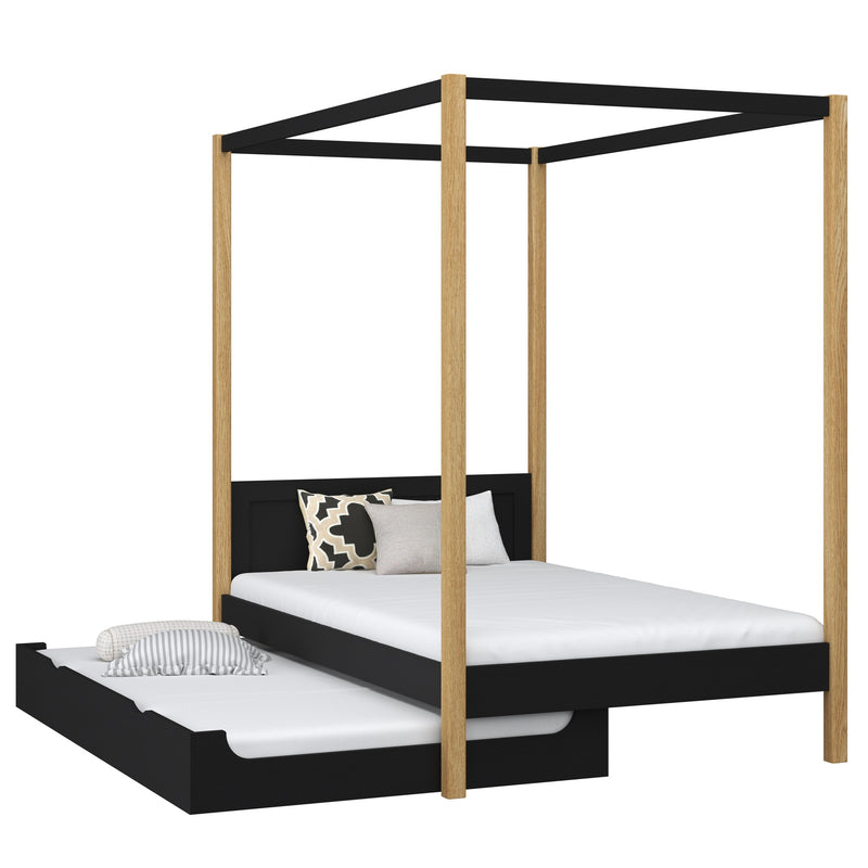 Bed met hemelbed en matraslade houten zwart-eiken – kinderkamer scandi