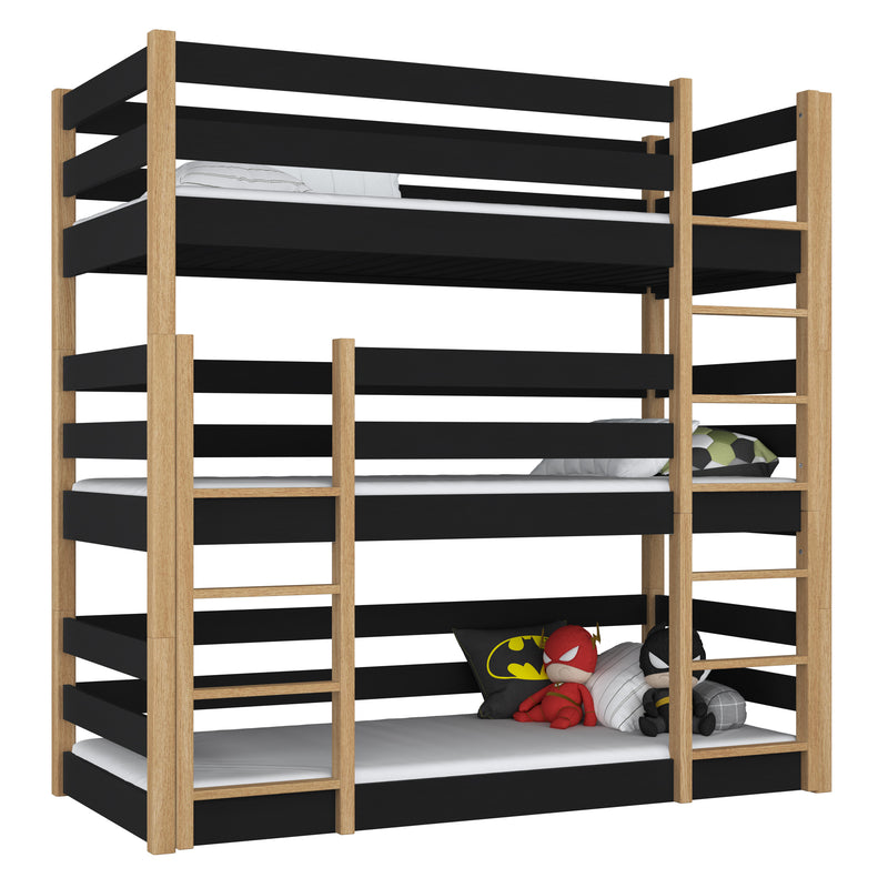 Driedekker bed houten zwart met eiken – drie slaapplaatsen, scandi kinderkamer