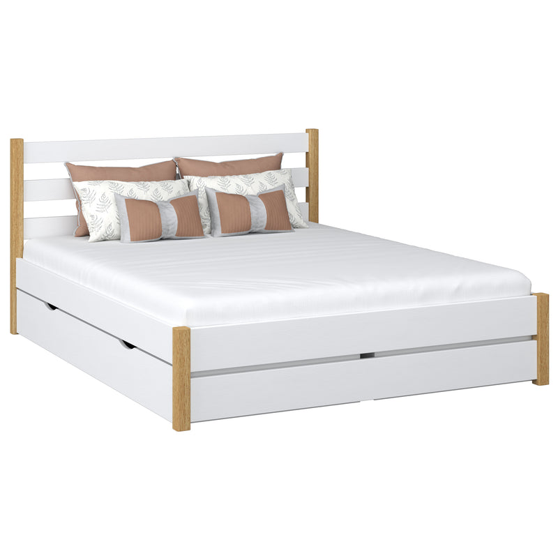Houten tweepersoonsbed met lade N01 wit / naturel eiken – algemeen aanzicht, massief hout