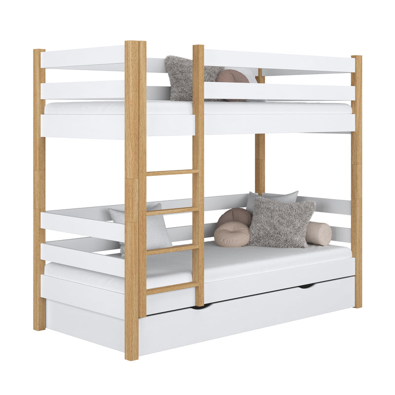 Stapelbed met lade houten wit-eiken – kinderkamer, massief hout, scandi