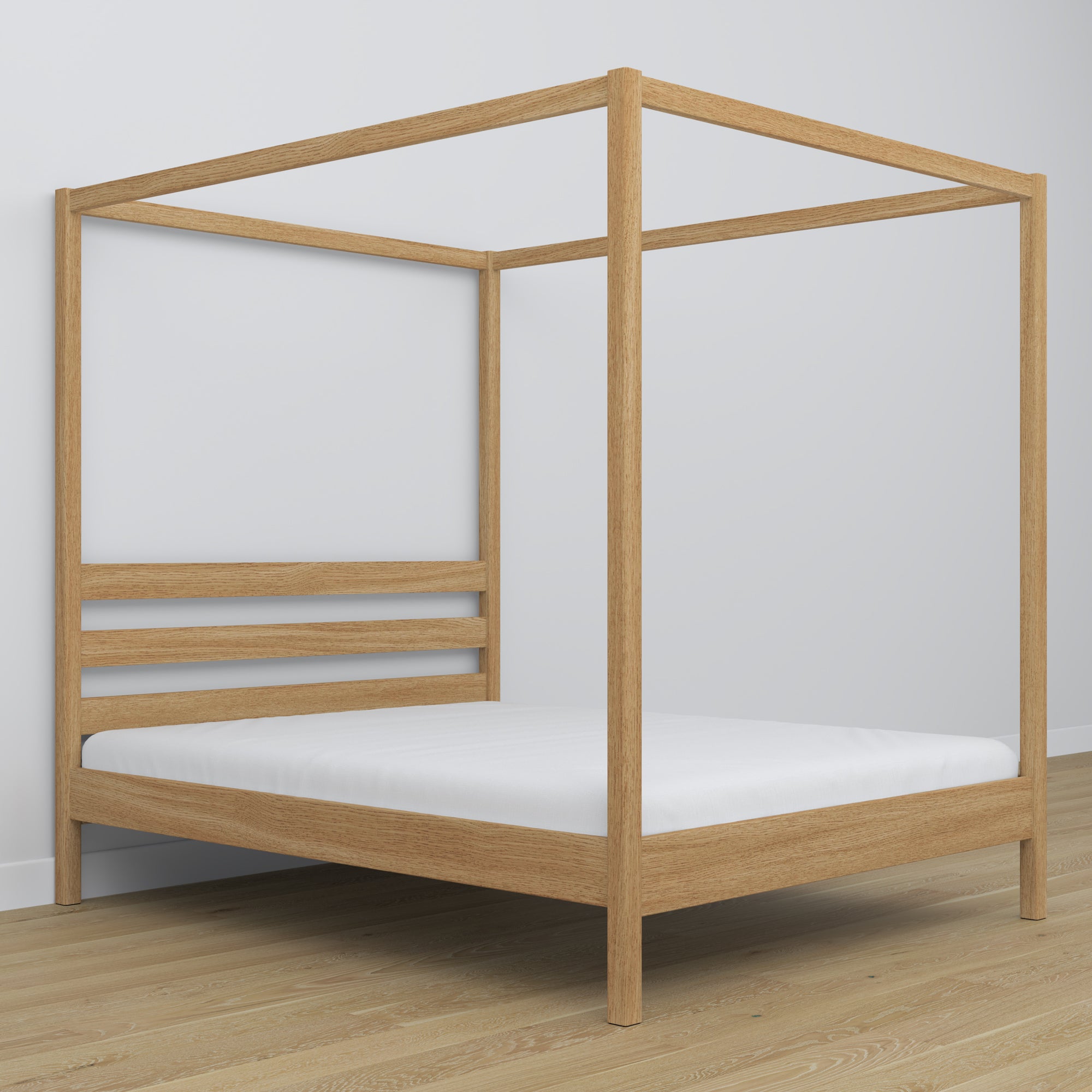 Tweepersoonsbed naturel eiken met hemelbed – decoratief frame van eikenhout, scandi