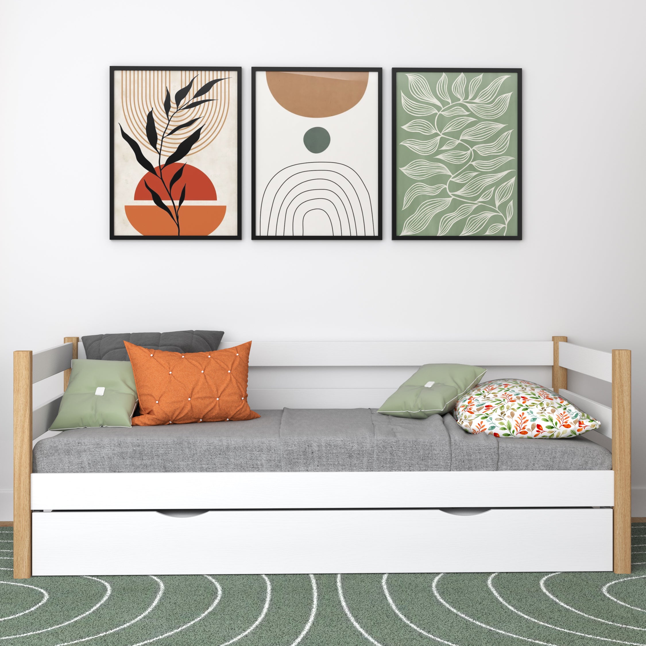 Houten slaapbank wit-eiken – zijdelingse bedhekje houten, zijaanzicht, Nizio