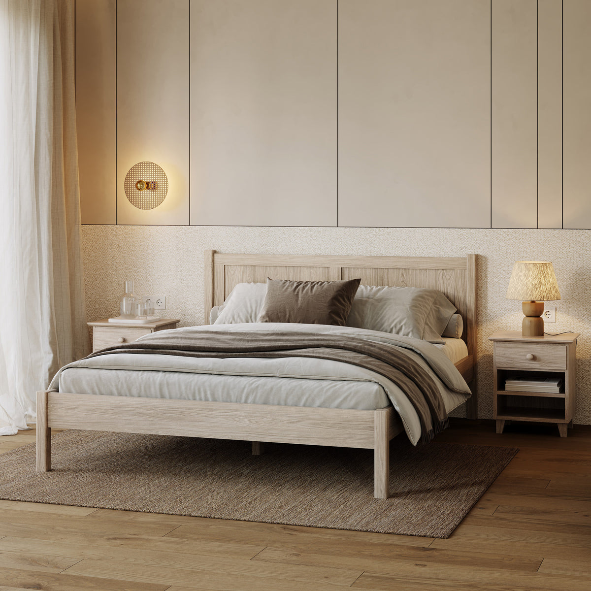 Tweepersoonsbed eiken gewit eiken – slaapkamer, massief hout, Scandinavische stijl