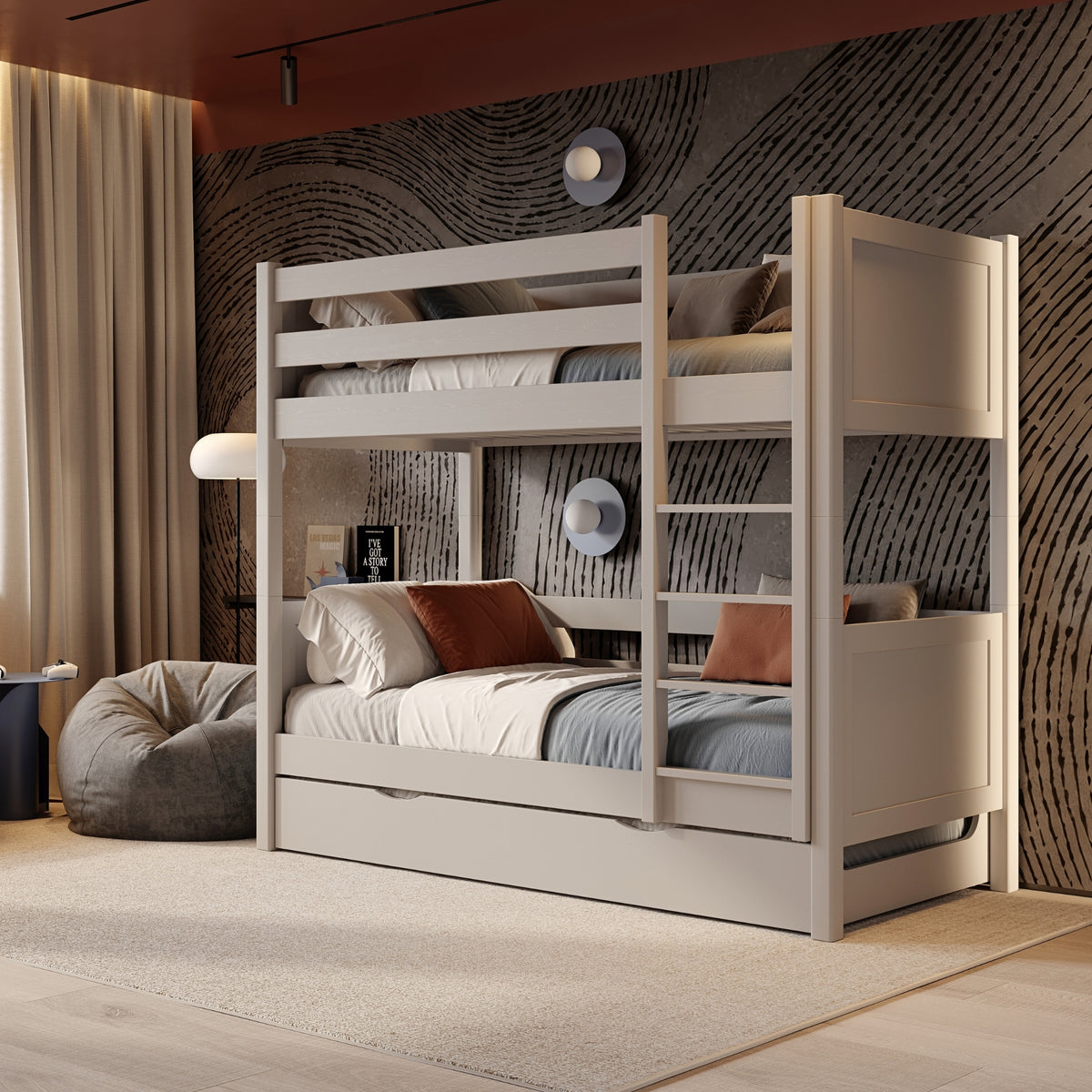 Stapelbed grijs met matraslade – bedhek, houten, Nizio Home