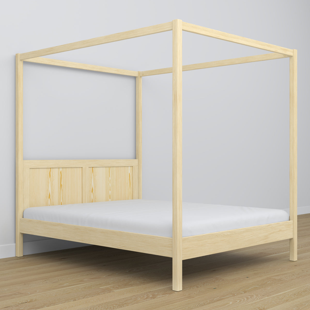 Tweepersoonsbed transparant grenen met hemel – decoratief houten frame, scandi