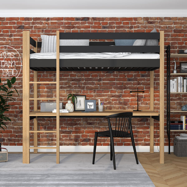 Lit mezzanine noir-chêne avec bureau – espace d'apprentissage sous la chambre, en bois