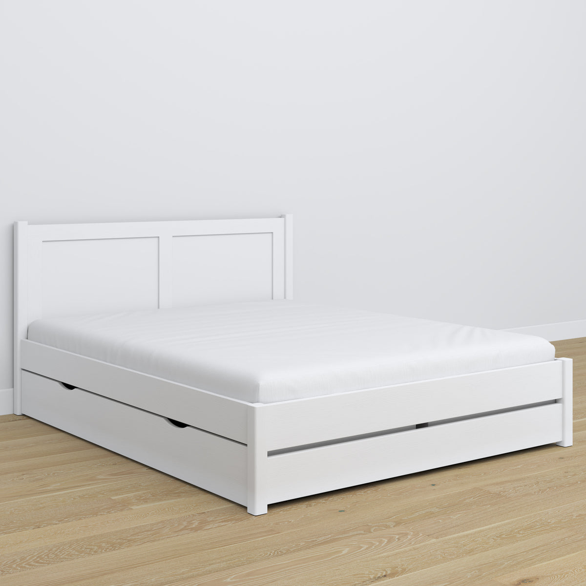 Tweepersoonsbed met lade wit van hout – zijaanzicht, Nizio
