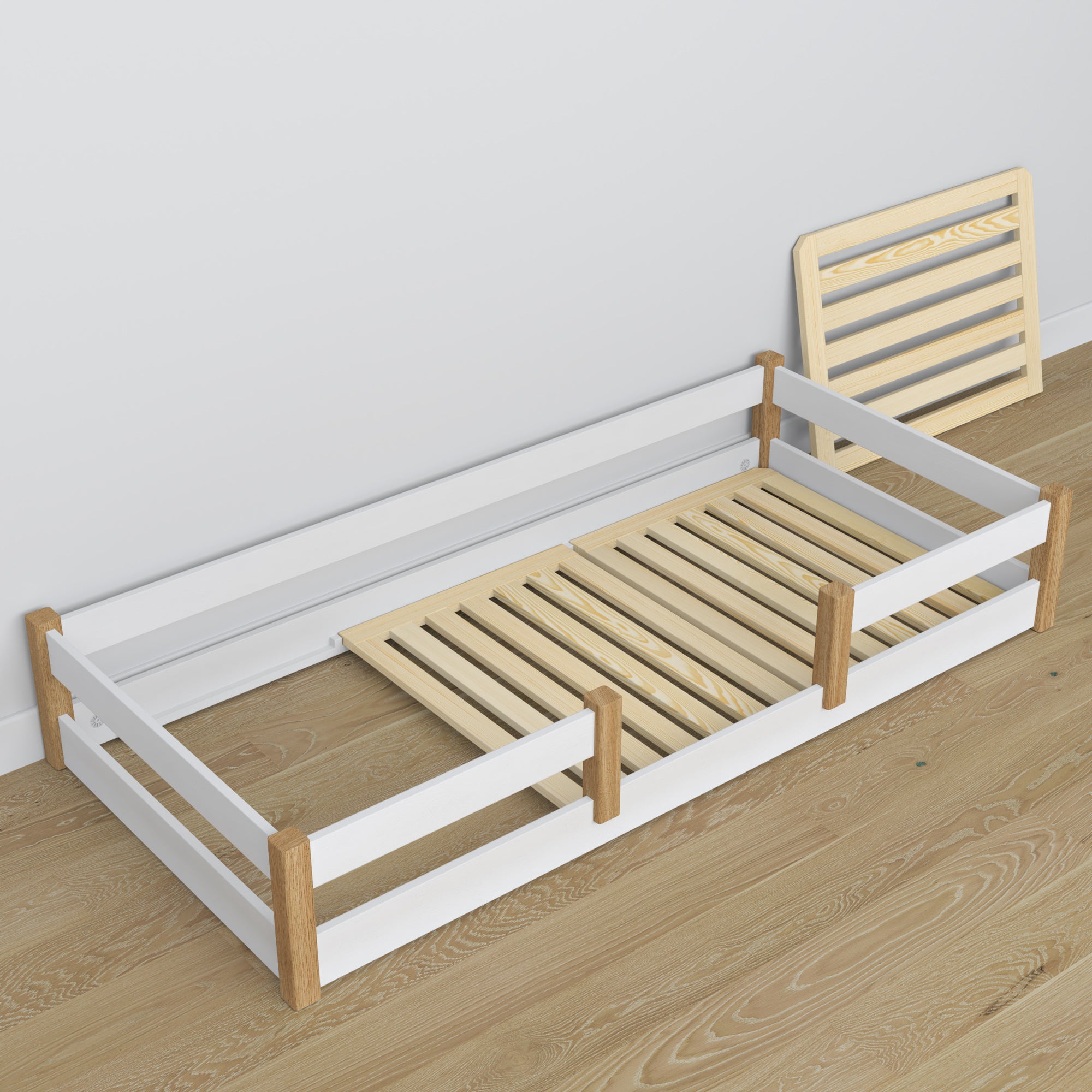 Laag houten bed wit-eiken – achterkant en verhoudingen, scandi slaapkamer