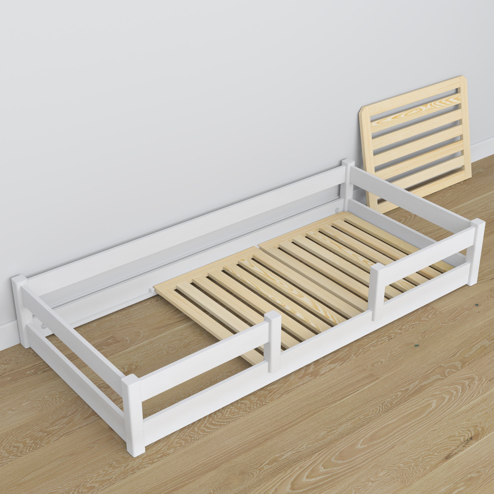 Laag houten bed wit – schuine aanzicht, slaapkamer