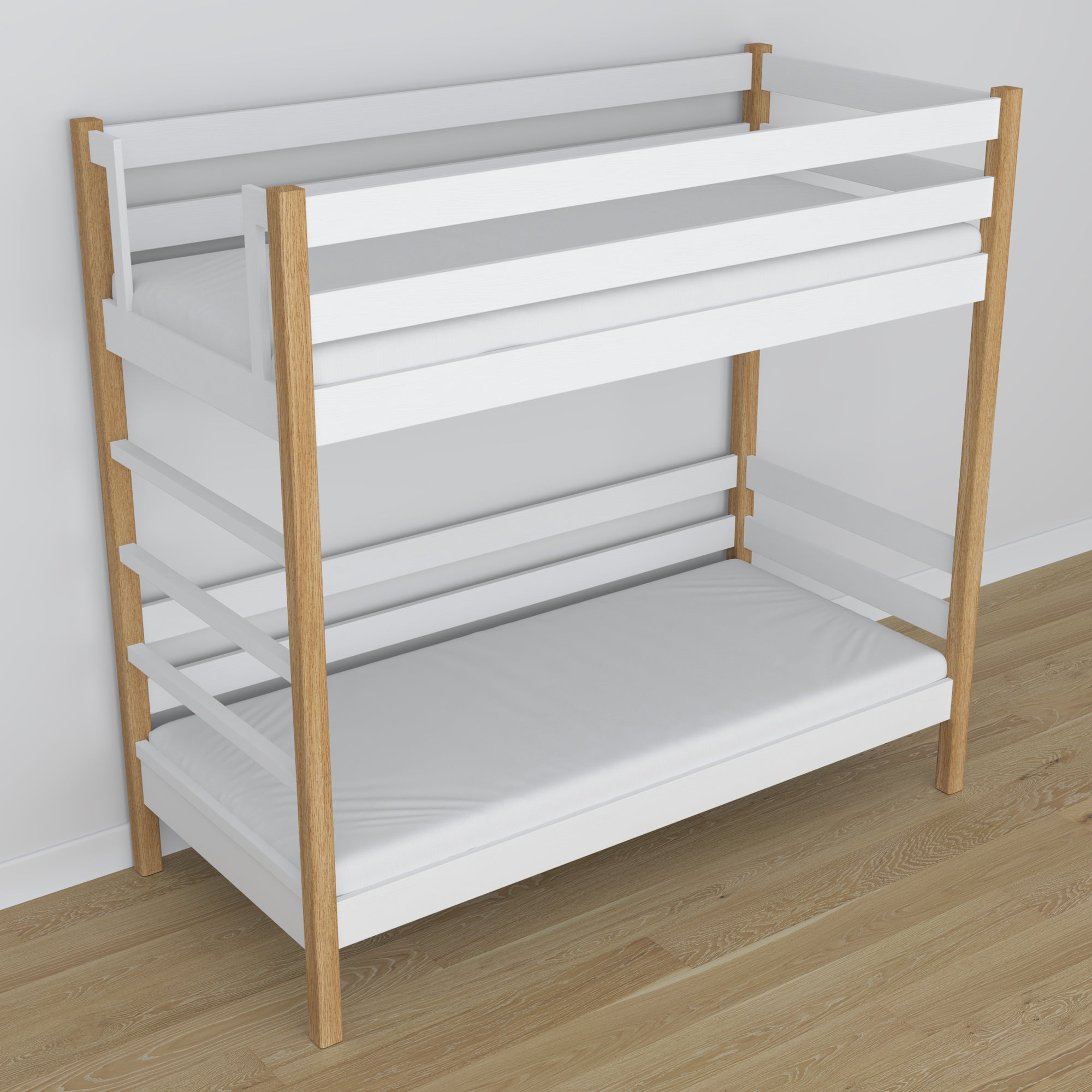 Stapelbed wit-eiken – houten hoek, close-up van afwerkingskwaliteit
