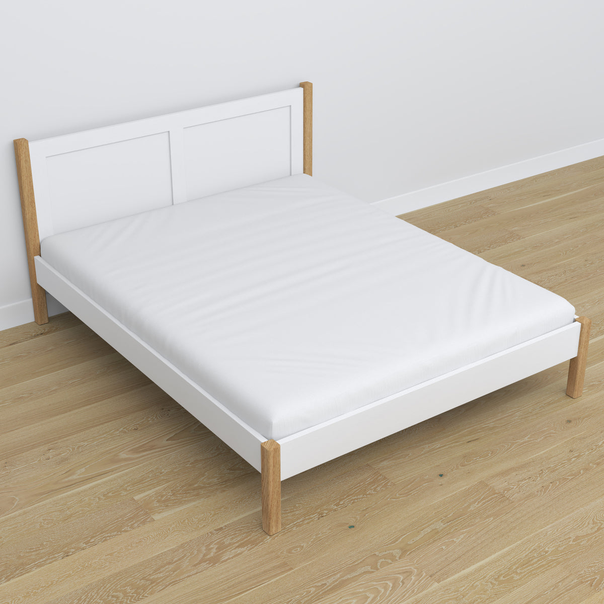 Tweepersoonsbed wit-eiken in slaapkamer – inrichting met beddengoed, scandi stijl