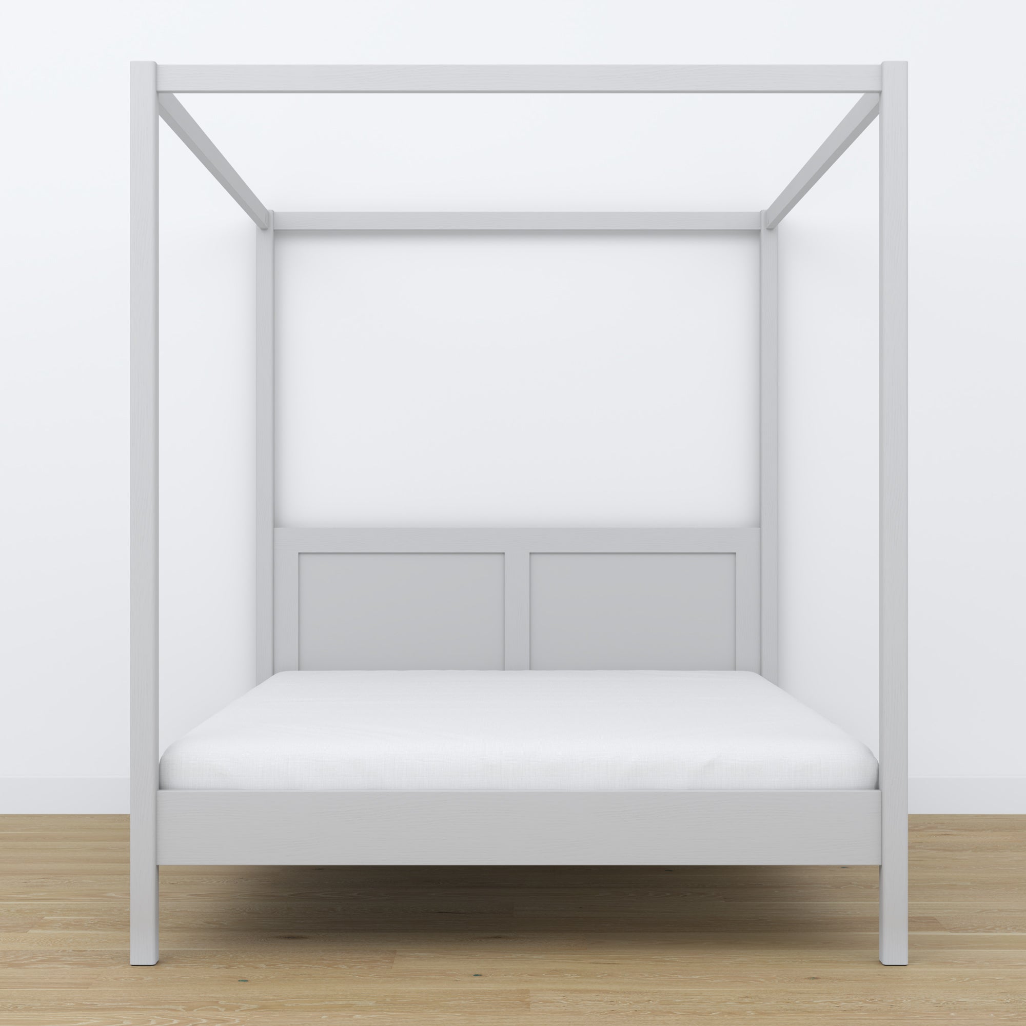 Tweepersoonsbed met hemelbed houten grijs – hoofdeinde en frame, close-up