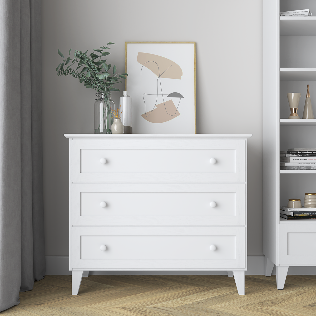 Chest of drawers 3S wooden white – open drawers, spacious storage compartments
