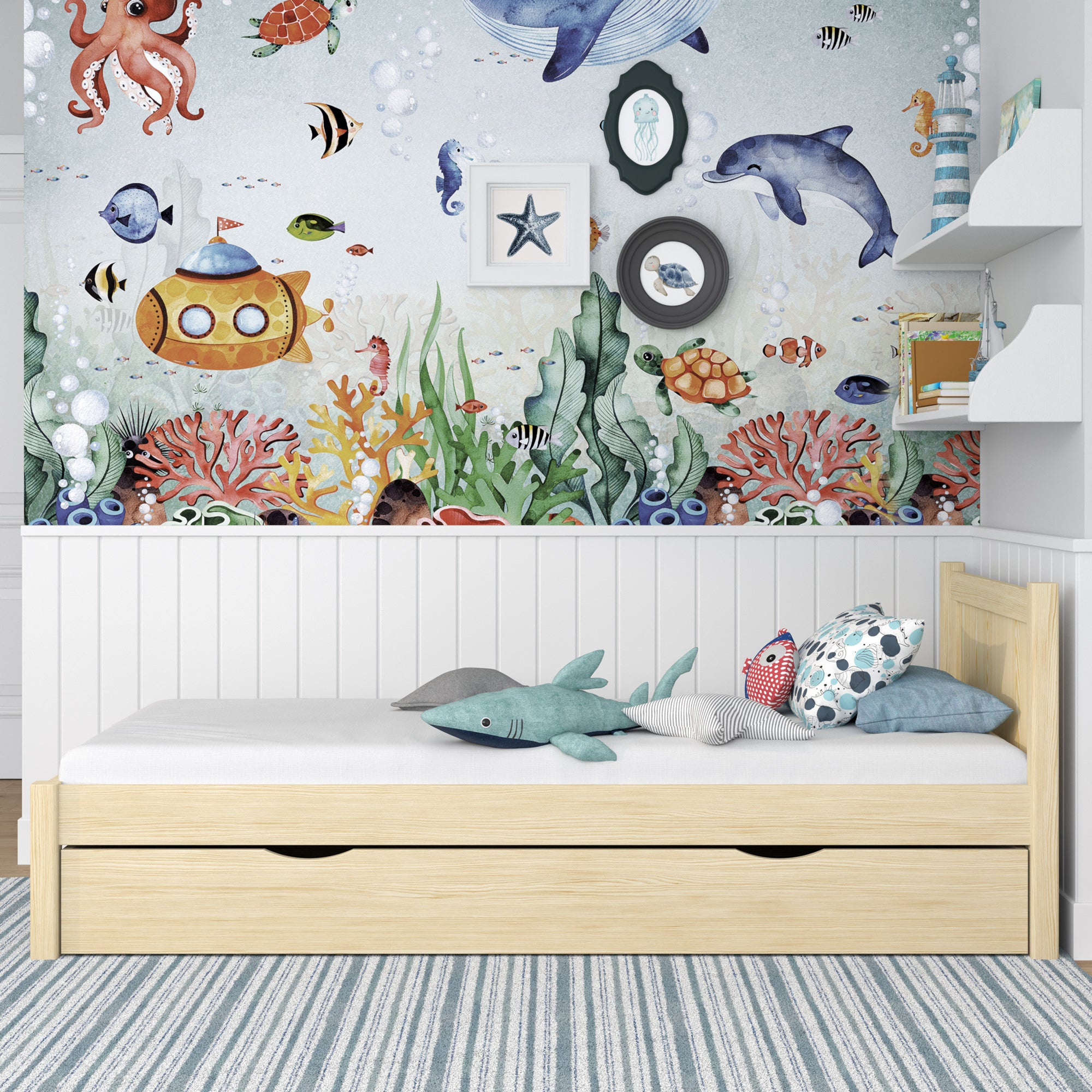 Lit pin incolore z tiroir – vue de côté, en bois, Nizio Home
