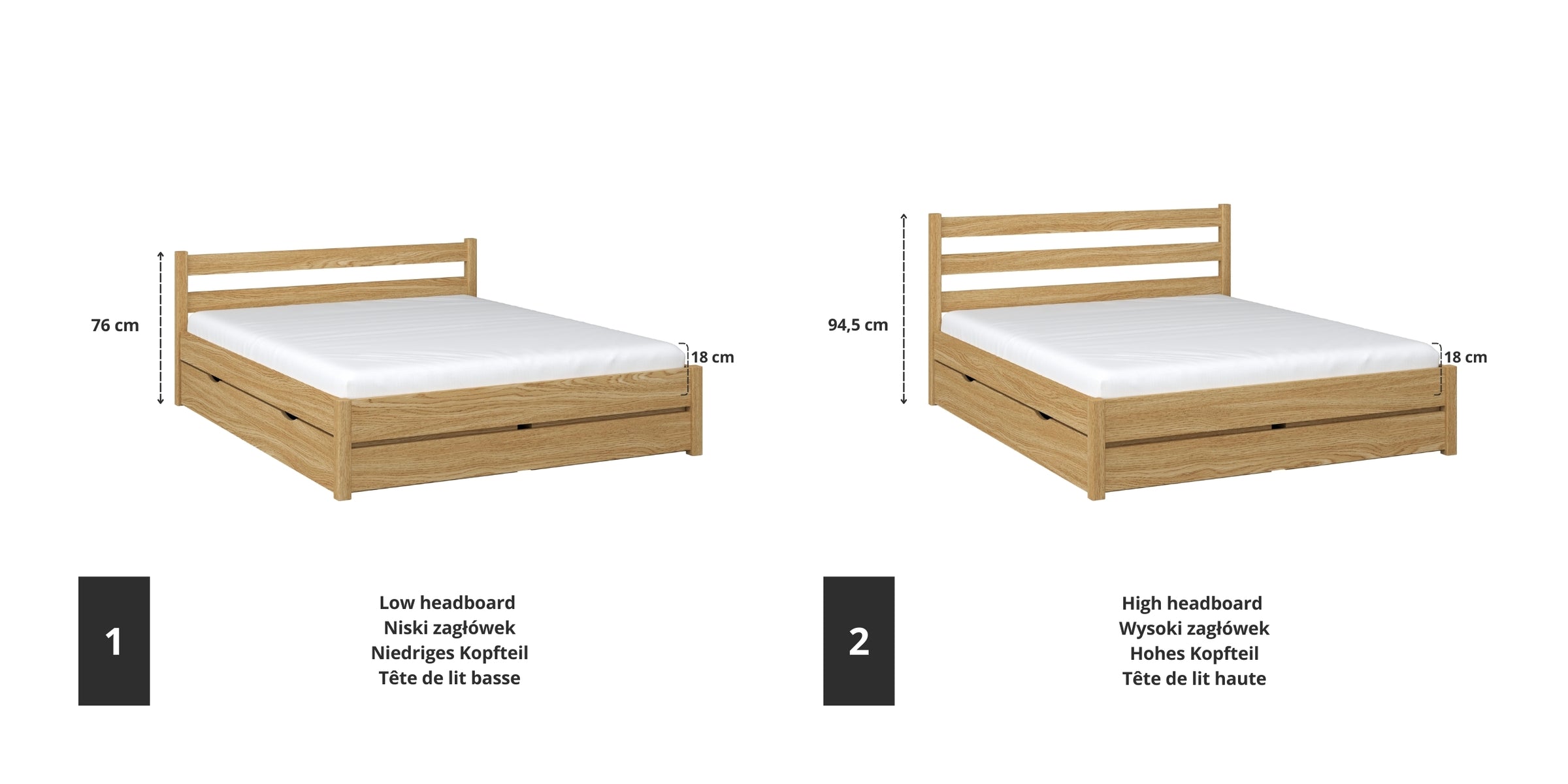Tweepersoonsbed eikenhouten naturel eiken – details van verbindingen en laden, Nizio
