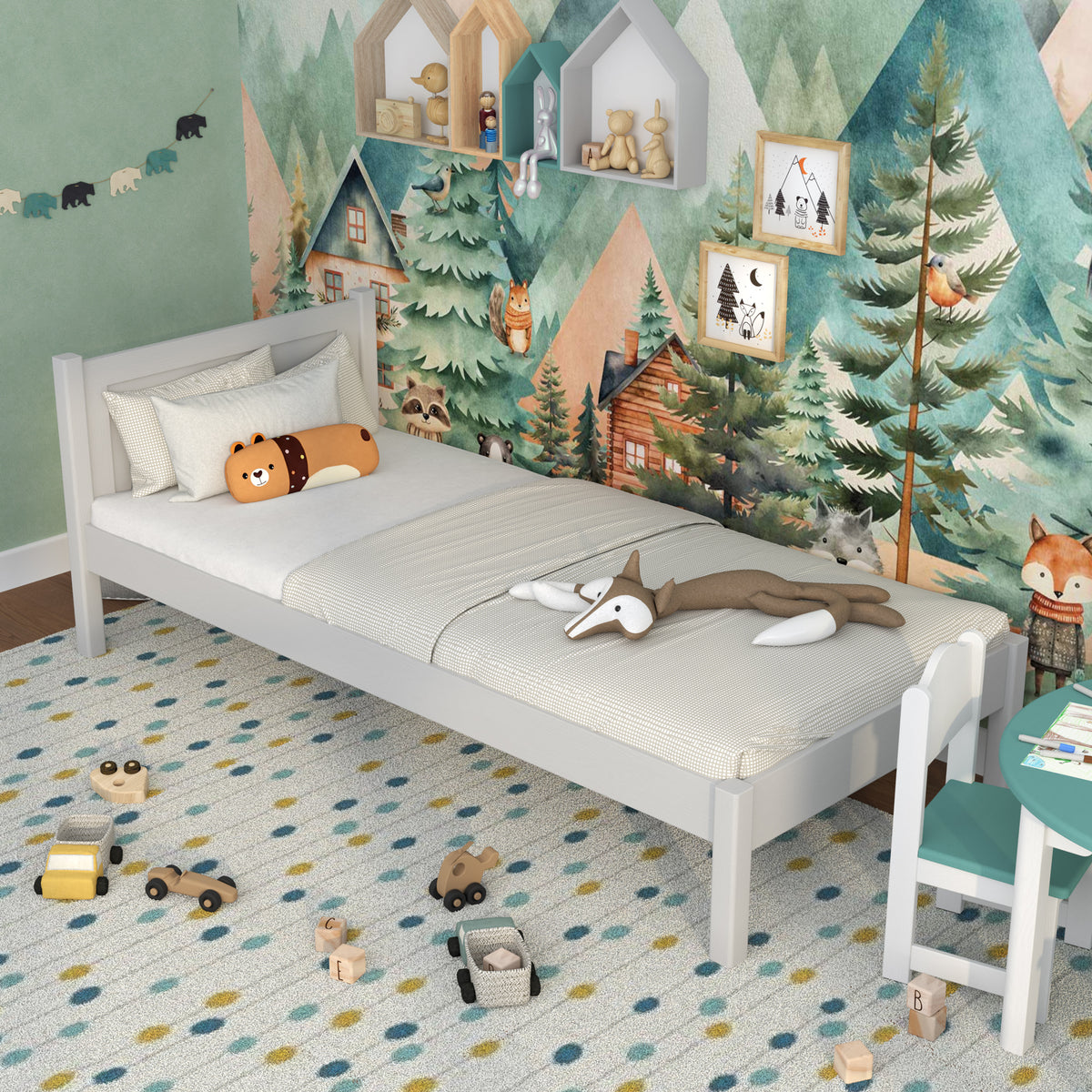 Bed grey in a children’s room – Scandinavian arrangement, wooden