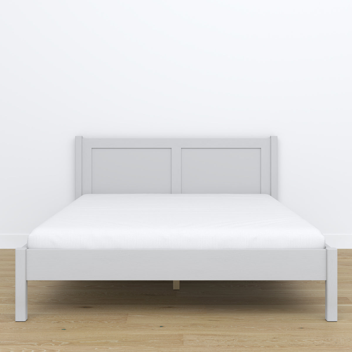 Tweepersoonsbed van hout grijs – zijaanzicht, proporties en vorm, slaapkamer