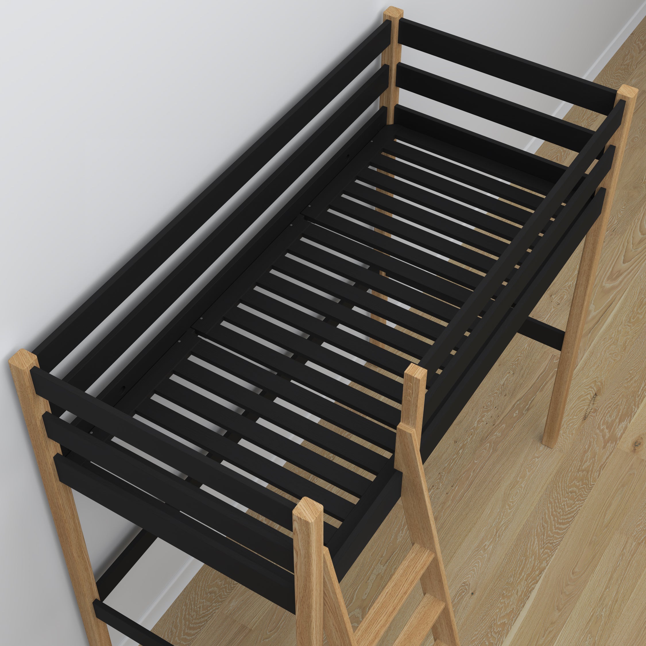 Łóżko na antresoli z biurkiem N03 czarno dębowy – detal drabinki