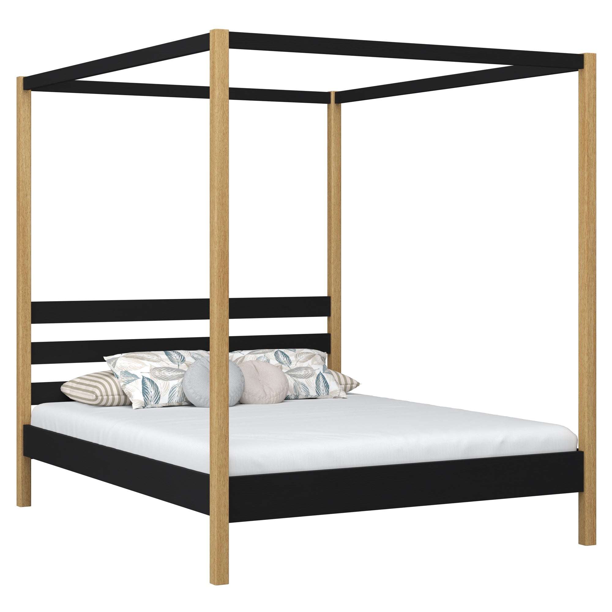 Tweepersoonsbed met hemelbed zwart-eiken – lattenbodem en latten, houten, Nizio