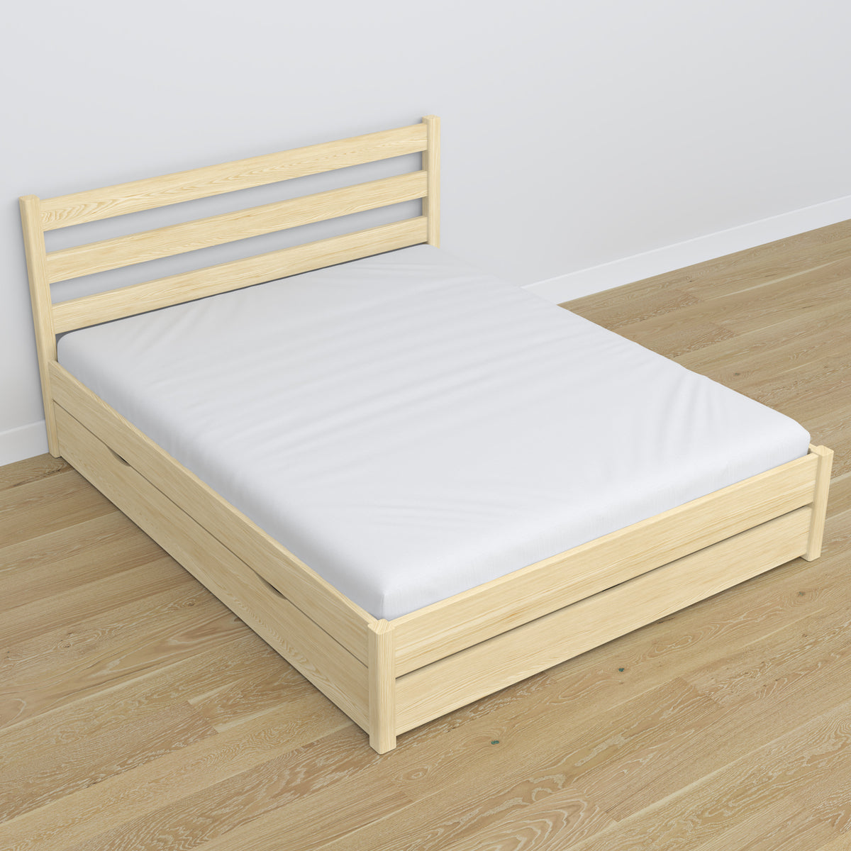 Lit double pin incolore – pieds et base en bois, gros plan