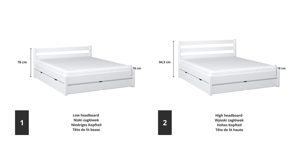Houten tweepersoonsbed wit – details van verbindingen en lades, Nizio