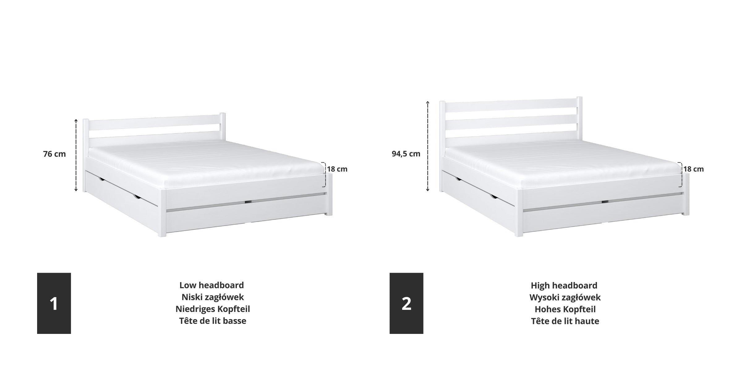 Houten tweepersoonsbed wit – details van verbindingen en lades, Nizio