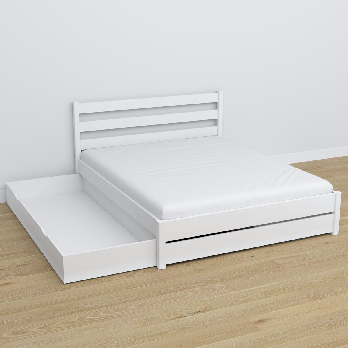 Tweepersoonsbed met lade houten wit – lade open, ruim interieur