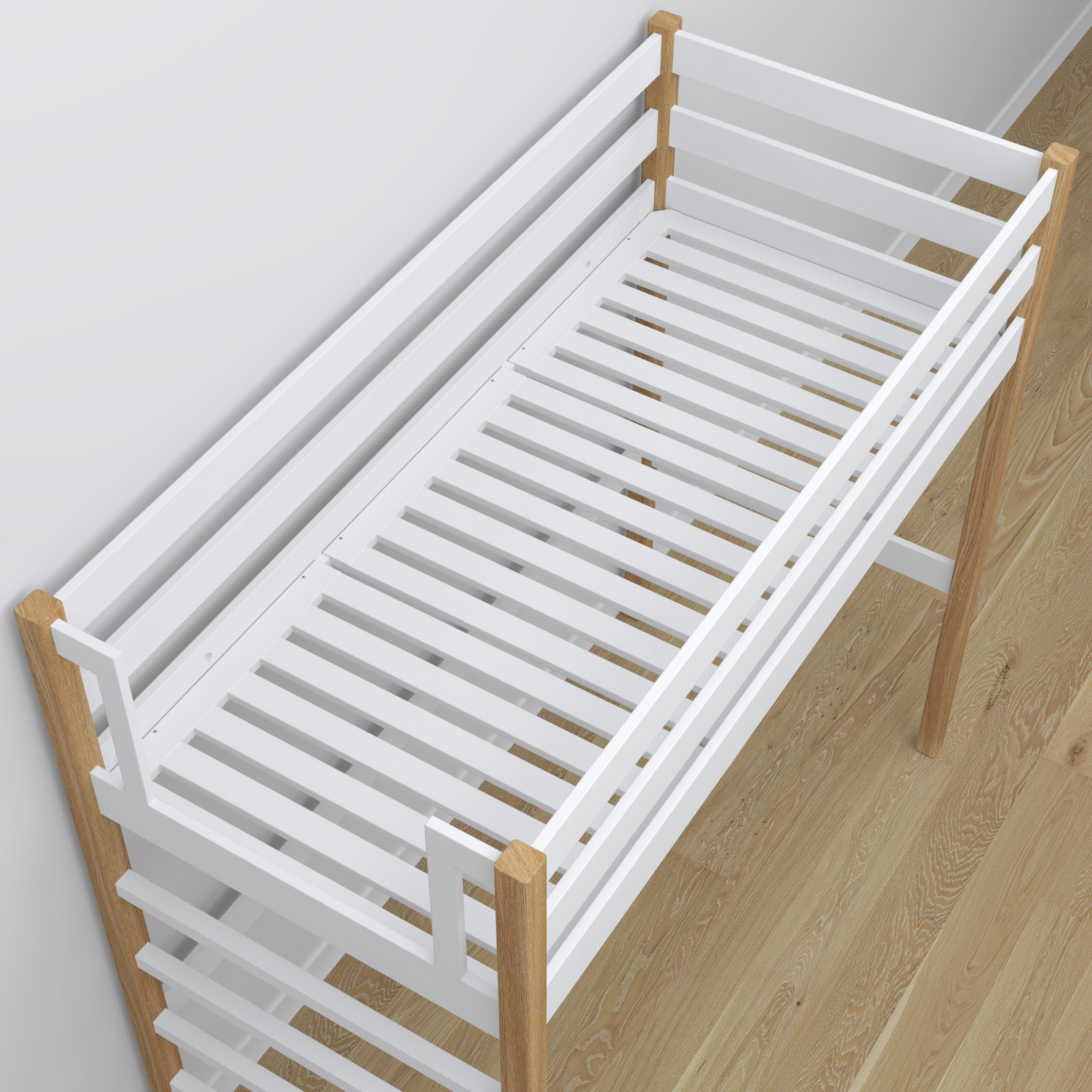 Lit mezzanine en bois blanc-chêne – détails des assemblages et de l'échelle, Nizio Home