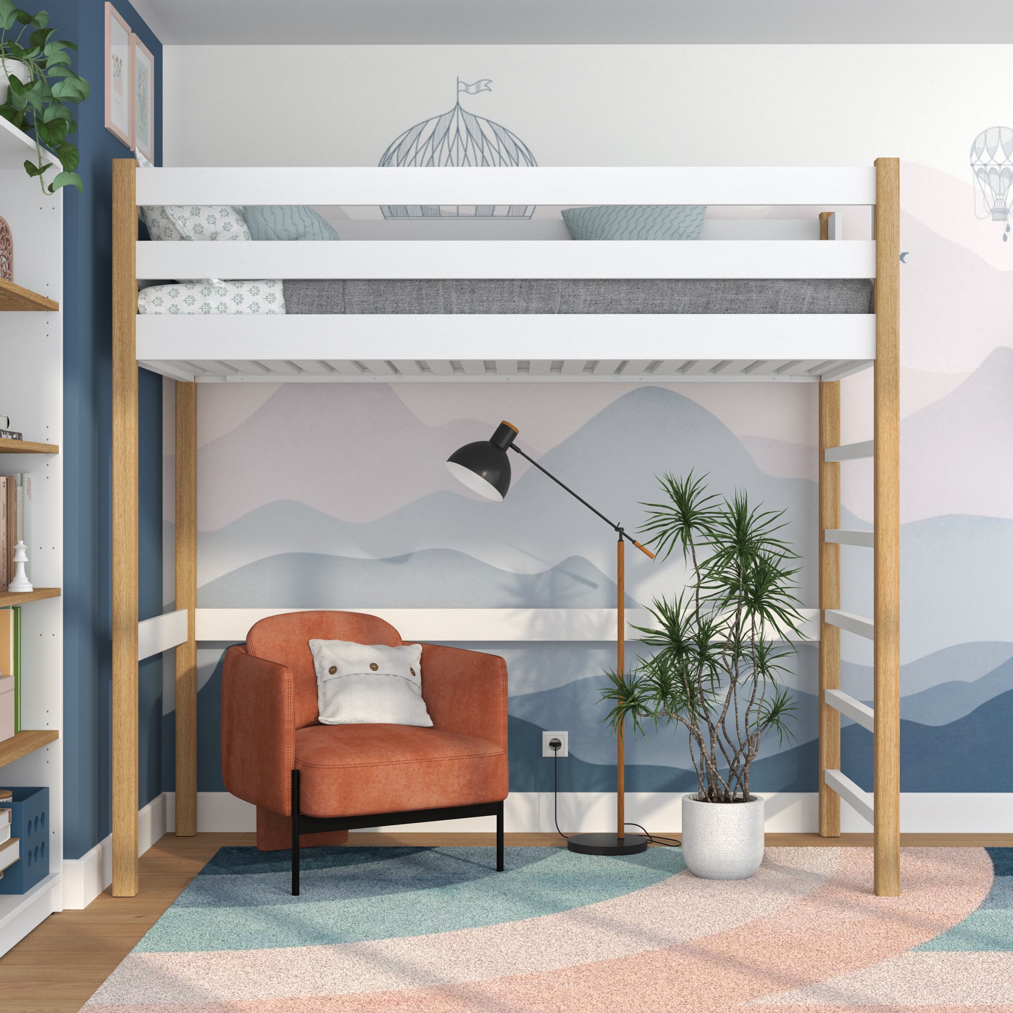 Lit mezzanine en bois blanc-chêne – chambre d'enfant, bois massif, style scandinave