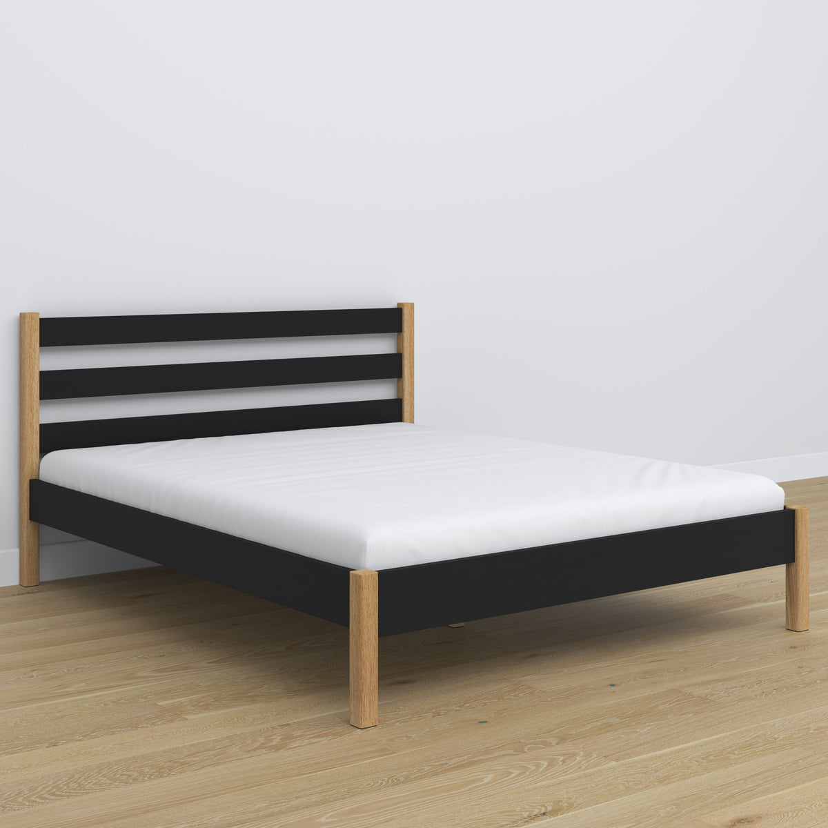Houten tweepersoons bed zwart-eiken – poten en onderstel, close-up op details
