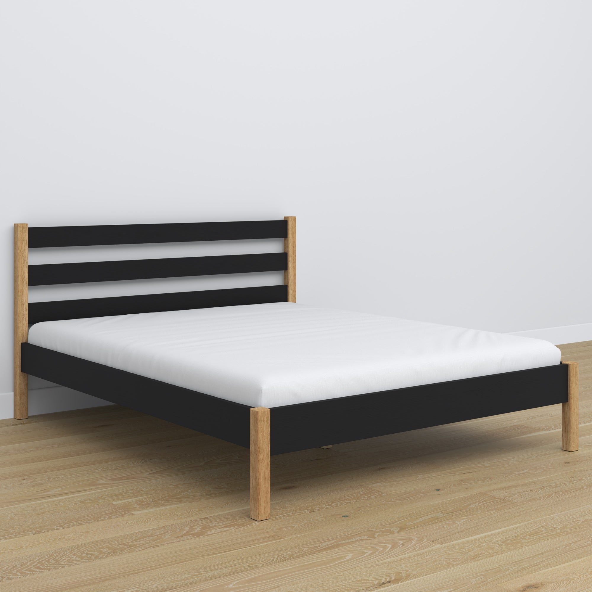 Houten tweepersoons bed zwart-eiken – poten en onderstel, close-up op details