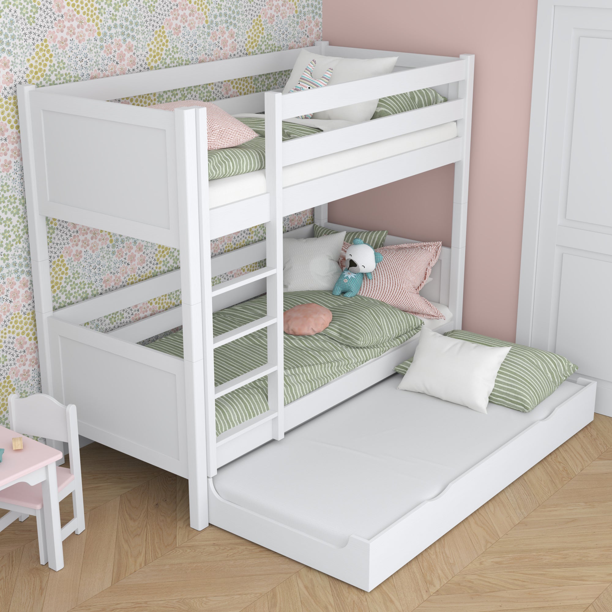 White Bunk Bed for Children – Mattress Drawer, Wooden, Nizio