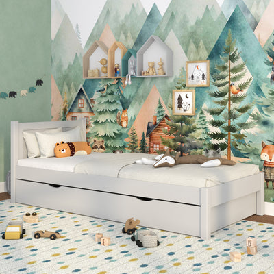 Single bed with drawer wooden grey – children’s room, scandi style