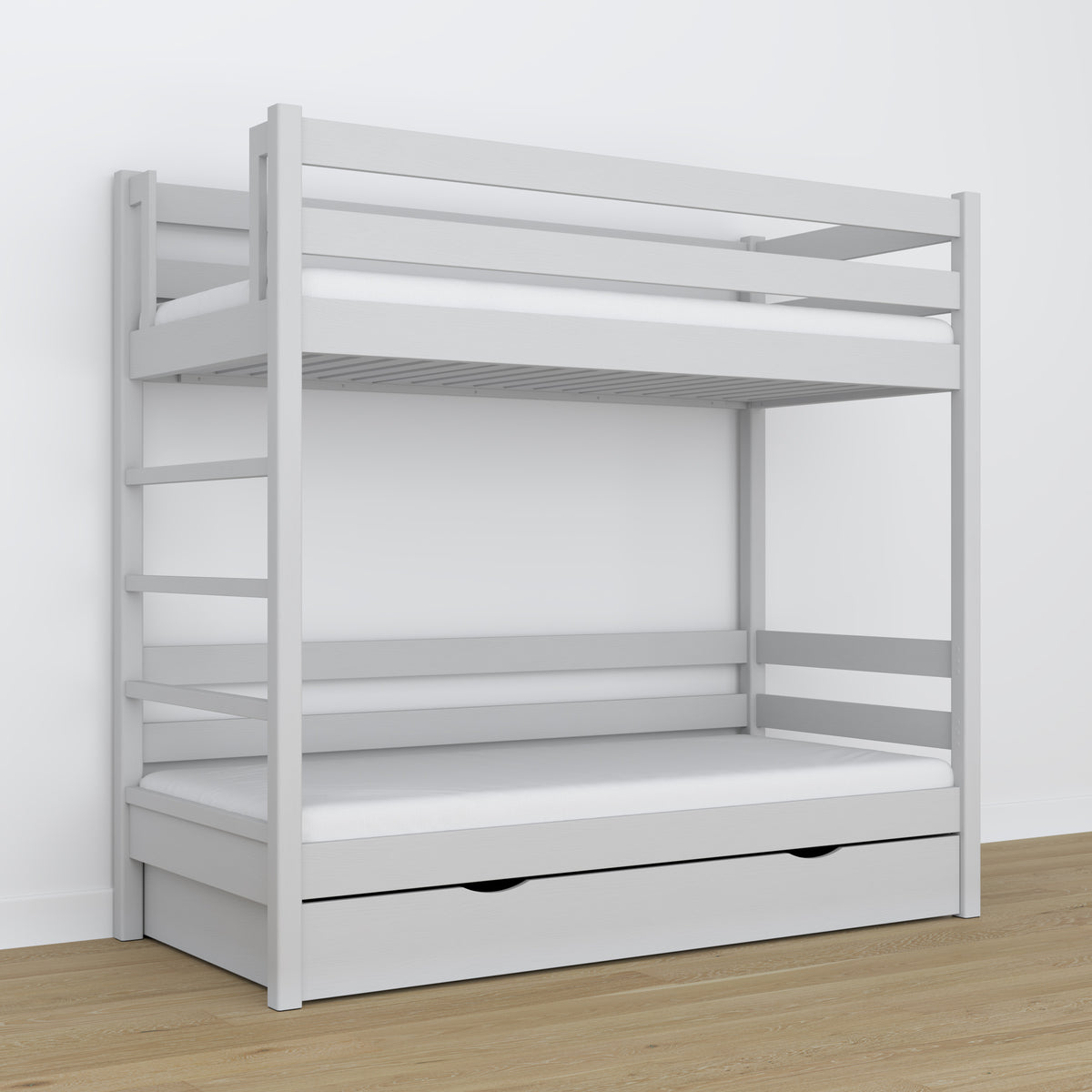 Stapelbed van hout grijs – details van verbindingen en ladder, kinderkamer