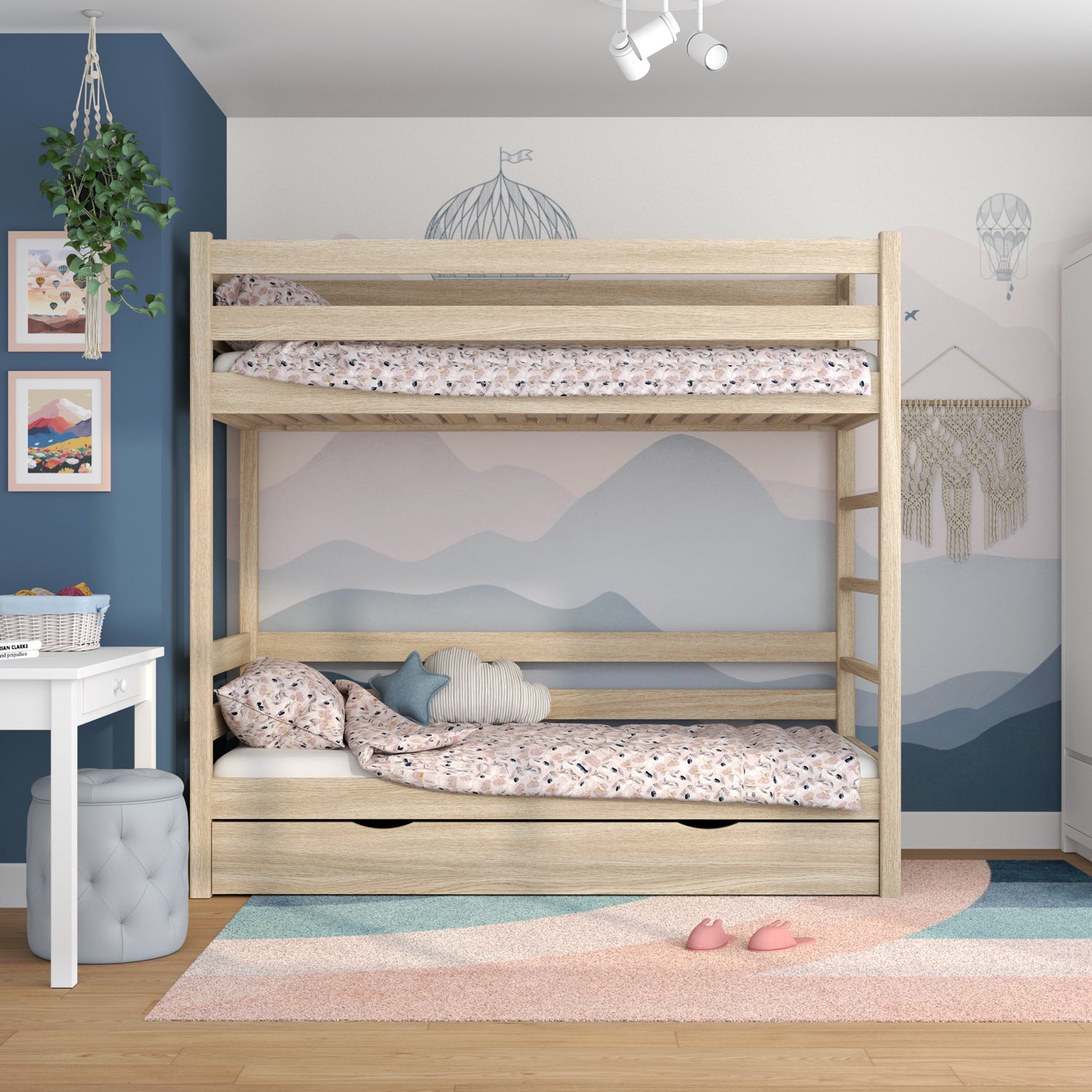 Stapelbed eikenhouten gewit eiken – lade open, ruime opbergruimte onder het bed