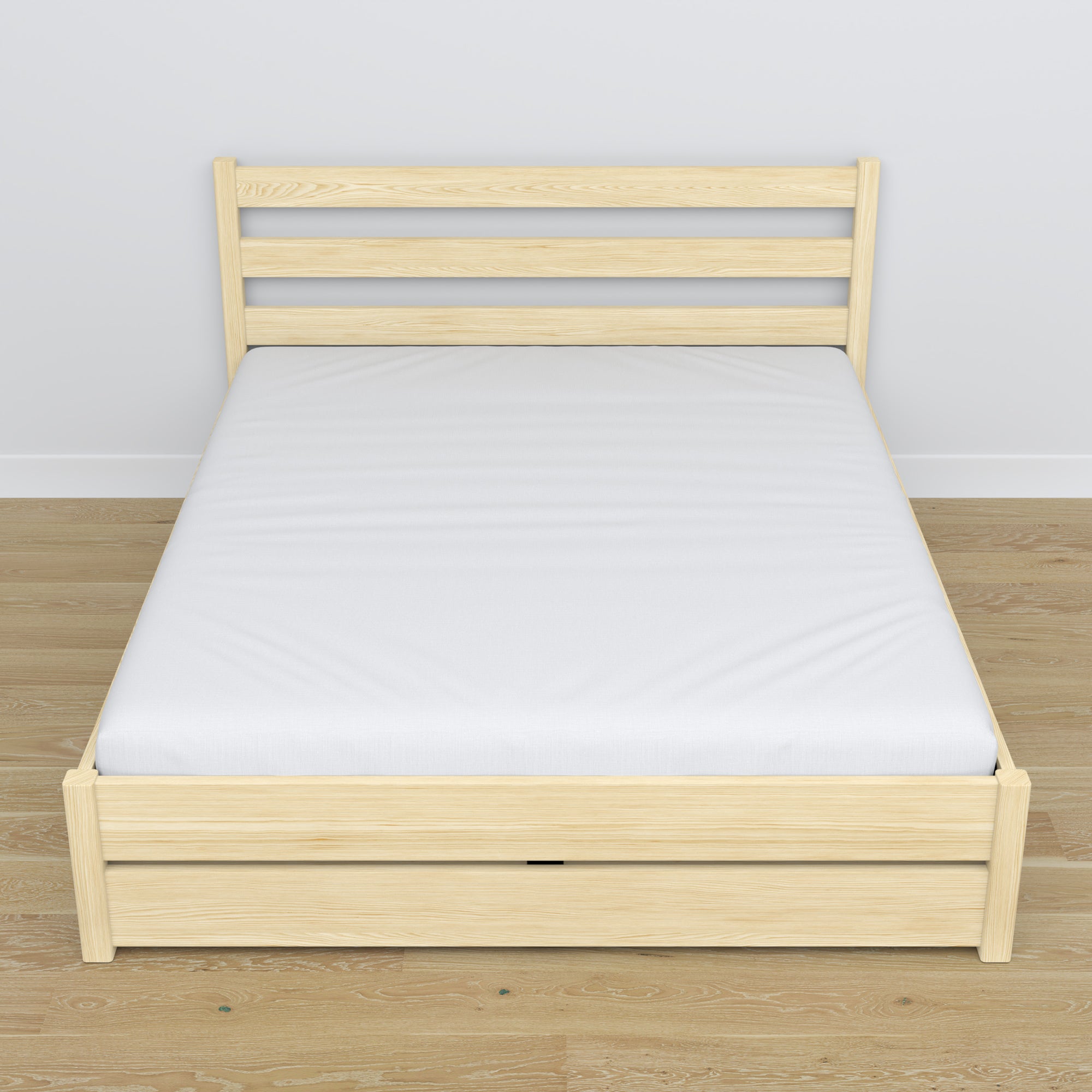 Lit double avec tiroir en bois pin incolore – vue en biais, chambre scandinave