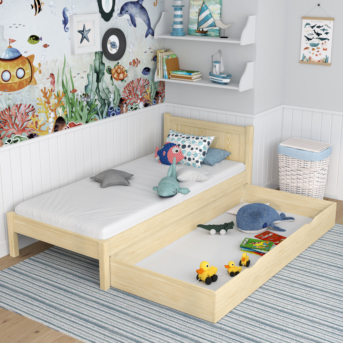 Lit pin incolore z tiroir – rangement spacieux, en bois, pour enfants Nizio