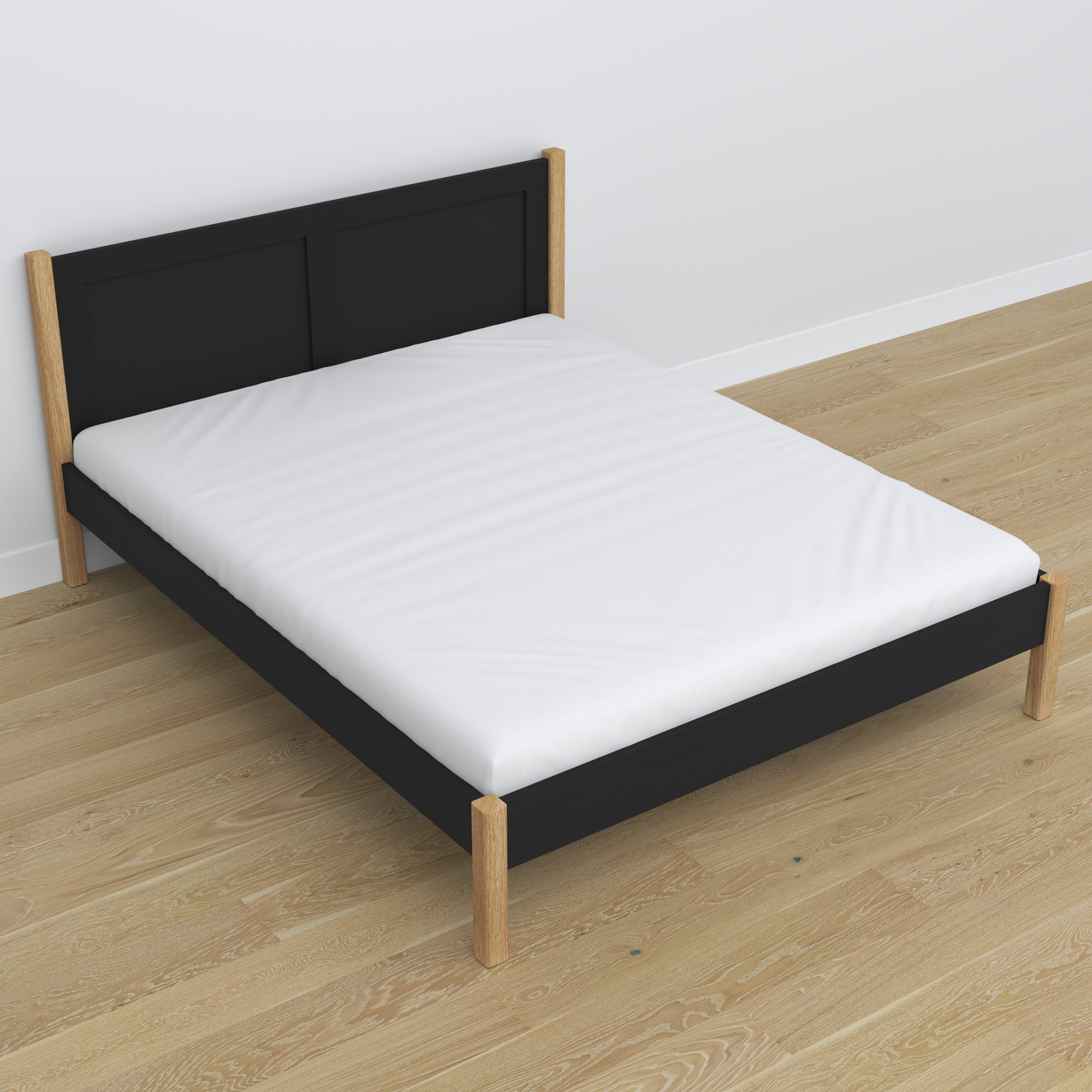 Houten tweepersoonsbed zwart-eiken in slaapkamer – styling met beddengoed, Scandinavische stijl
