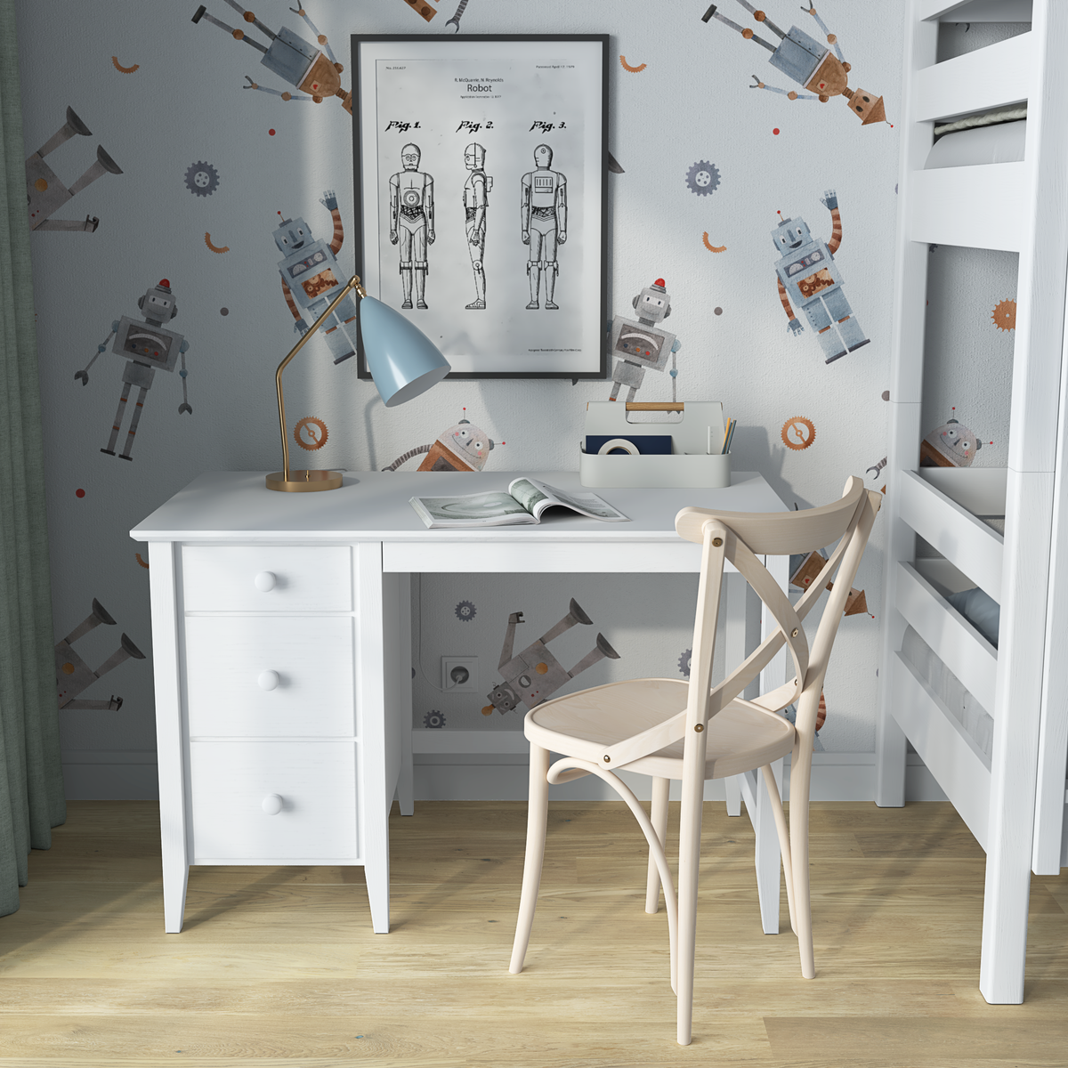 Desk 3S wooden white – open drawers, document storage compartments