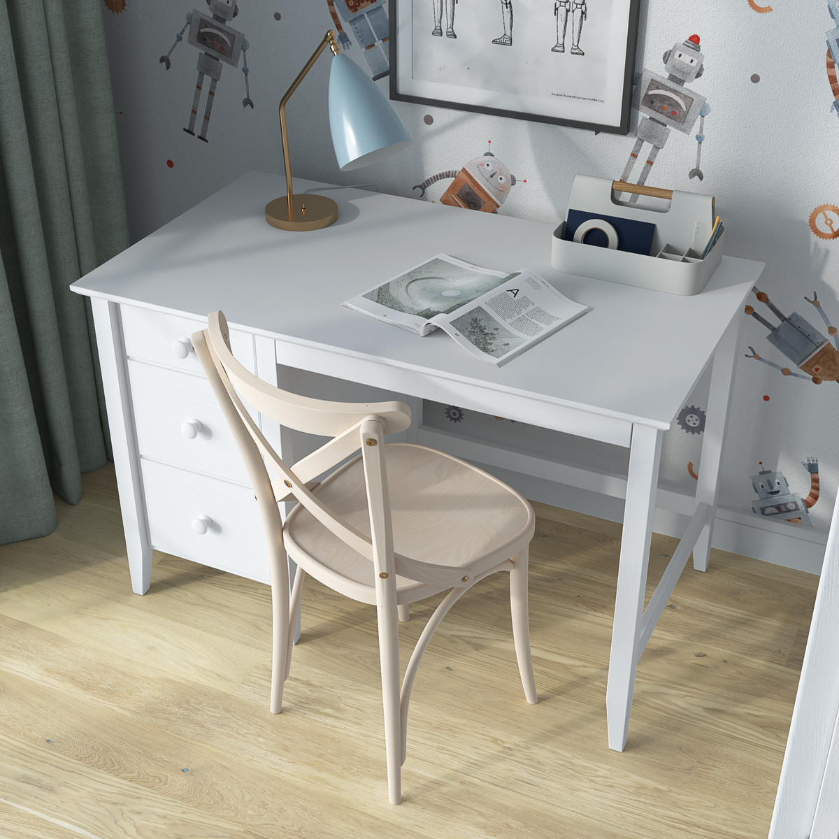 Desk 3S white wooden – side view, tabletop depth