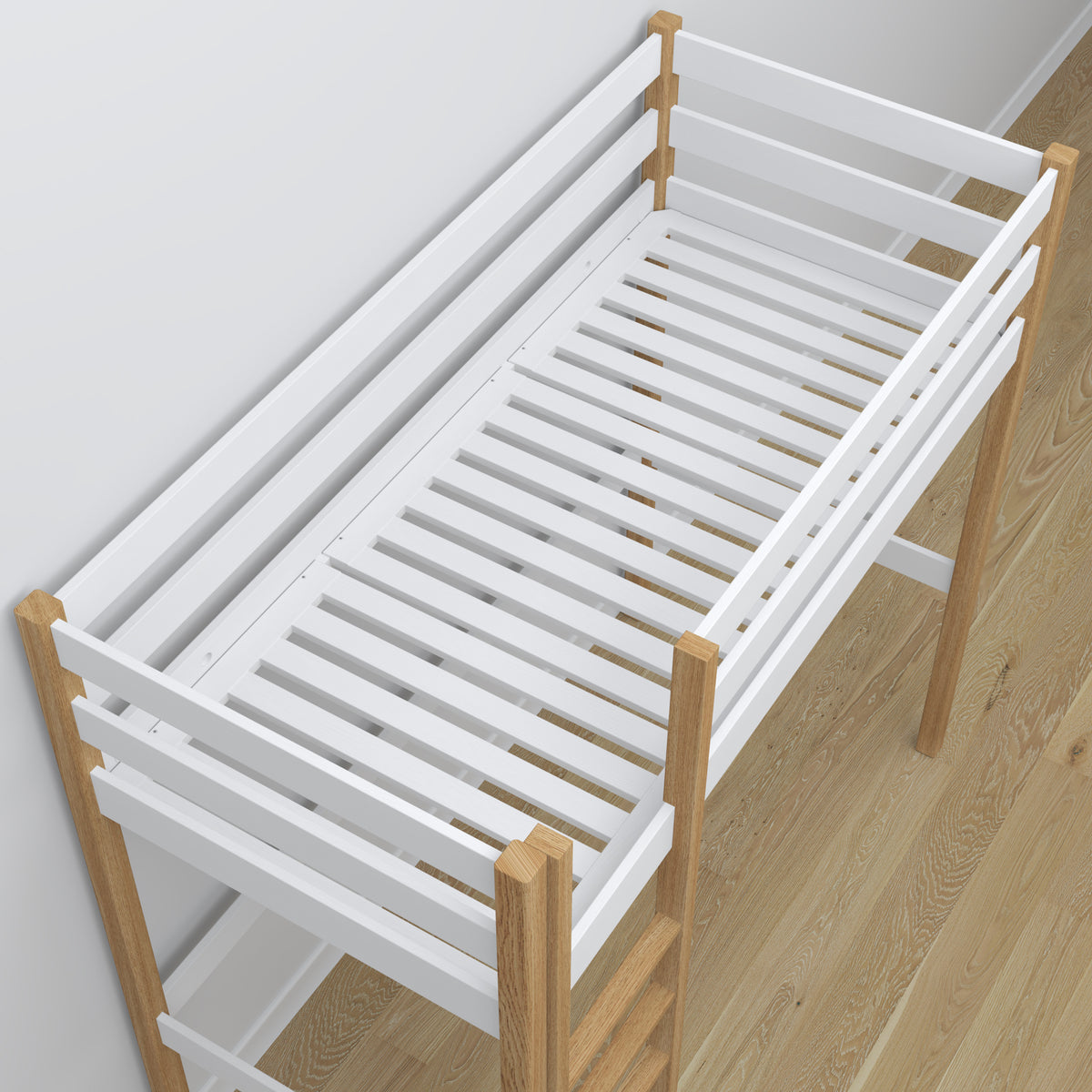 Houten hoogslaperbed wit-eiken – details van verbindingen en ladder, Nizio Home
