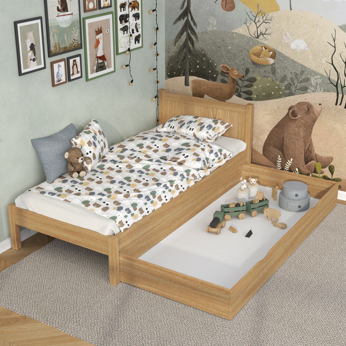 Bed naturel eiken met lade – ruime opbergruimte, eikenhouten, voor kinderen Nizio