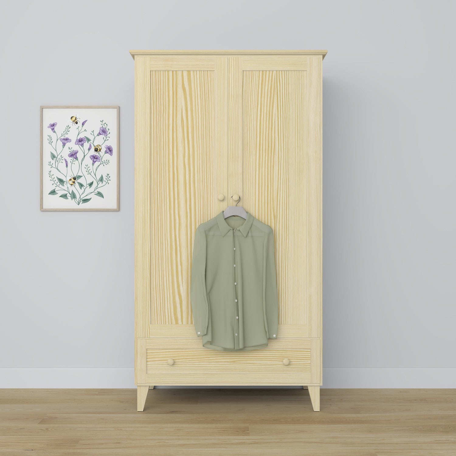 Tweedersdeurskast met lade van grenenhout transparant grenen – slaapkamer, Scandinavische stijl