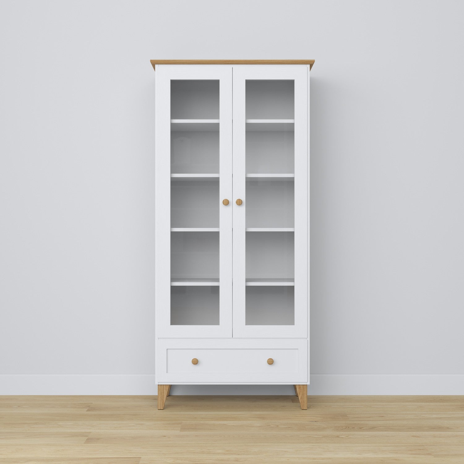 Vitrine 1S en bois blanc avec chêne – tiroir ouvert, rangement pour petits objets