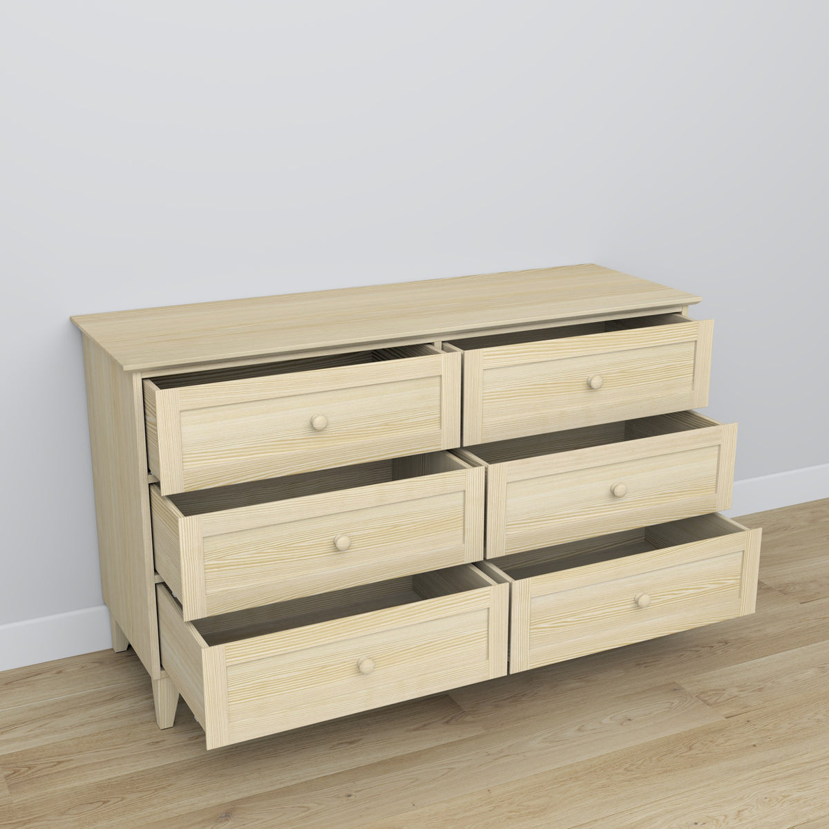 Chest of drawers 6S clear pine wood – side view, depth and profile