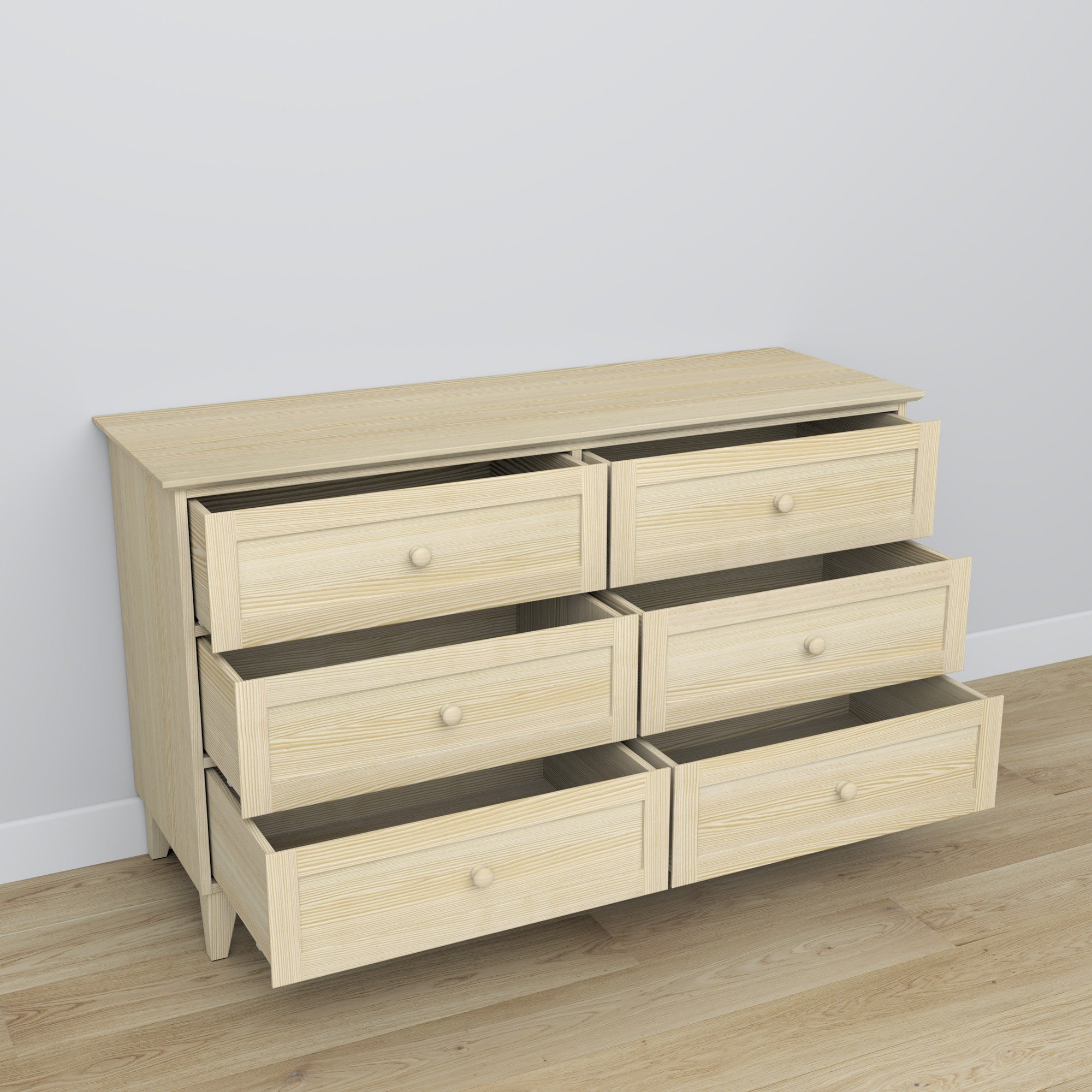 Chest of drawers 6S clear pine wood – side view, depth and profile