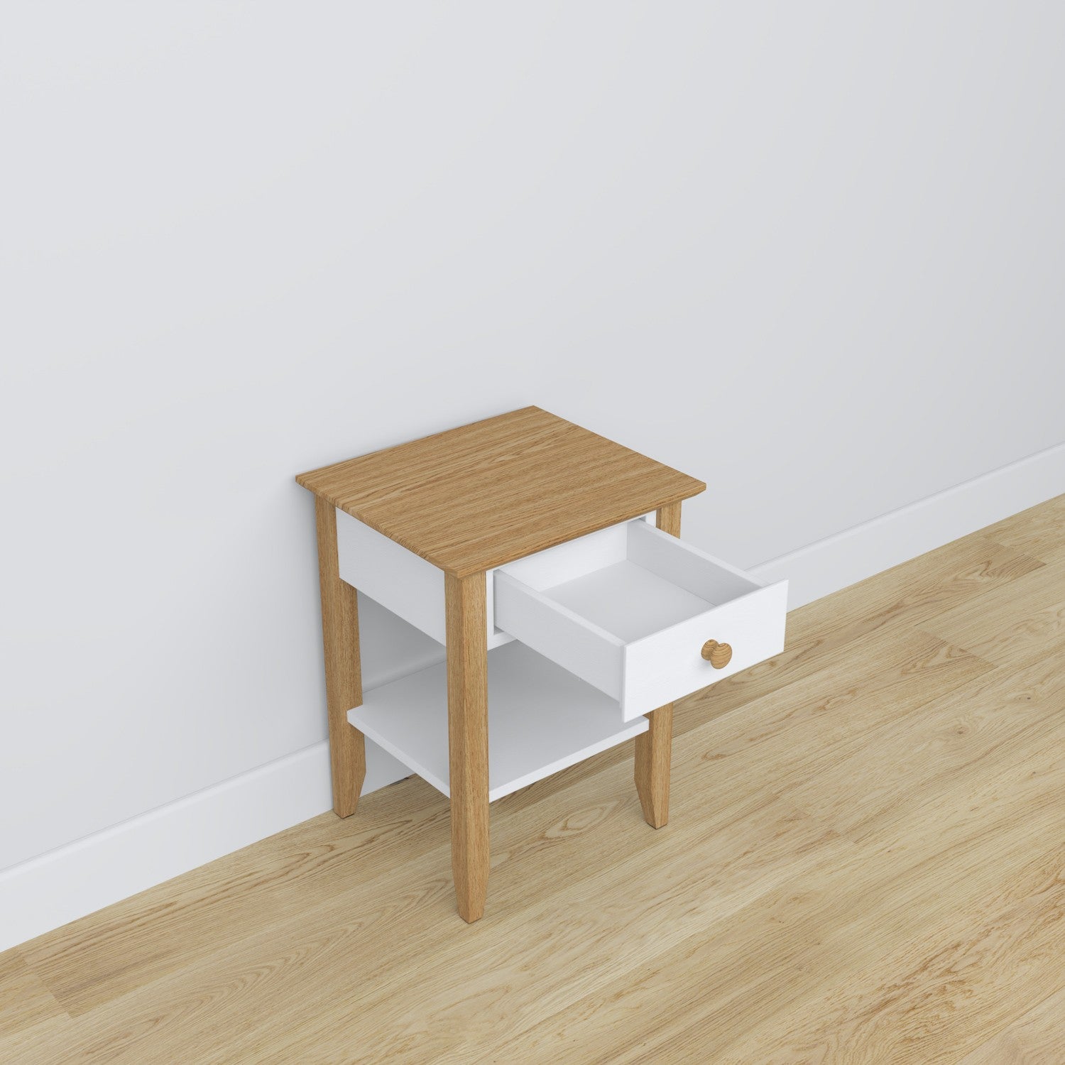 Table de chevet N01 en bois blanc avec chêne – tiroir ouvert, rangement près du lit